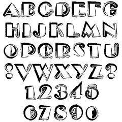 Vector set: capital letters of the Latin alphabet, exclamation, question marks and numbers: 1, 2, 3, 4, 5, 6, 7, 8, 9, 0. Black and white illustration.