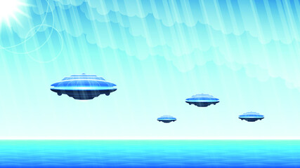 Naklejka na ściany i meble Abstract Flying Saucers In Blue Background Unidentified Flying Object Ufo Water Clouds Vector Design Style