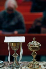 Eucharist table.  Saint Martin church. Catholic mass.  France.  22.03.2018