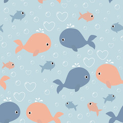 Naadloos patroon met schattige walvissen en hartvormige bubbels. Het kan worden gebruikt voor behang, verpakking, kaarten, patronen voor kleding en andere.
