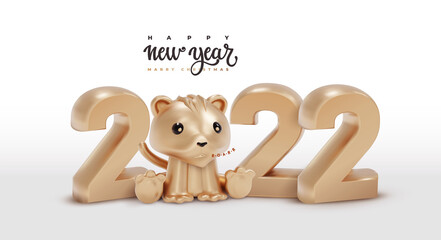Chinese New Year 2022 year of the golden tiger. Greeting card or banner with Happy New Year. Realistic vector illustration. Isolated on white background