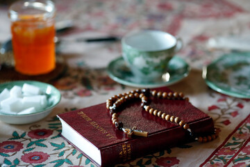 Rosary and bible on breakfast table.   France.  22.03.2018