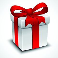 White gift box with red ribbon on white background