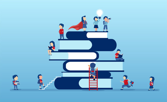 Vector of children climbing up on a top of a stack of books eager to learn