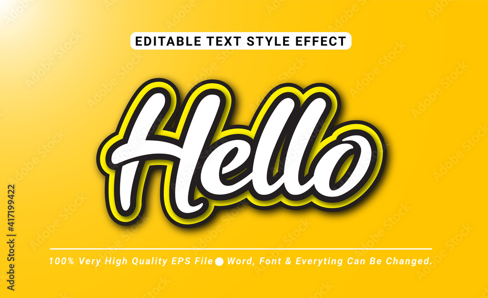 Poster 3d hello with yellow color text effect, editable text effect