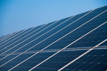 Blue solar panels with the sunny sky