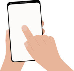 Hand holding black smartphone, touching blank white screen. Using mobile smart phone, flat design concept.
