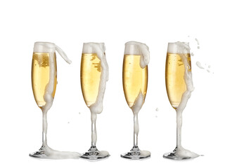 Four full champagne glasses with overflwing froth - 417199852