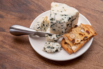 Cheese collection, piece of soft French blue cheese roquefort