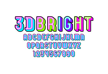 3D Font from geometric module, trendy bright alphabet, modern condensed capital Latin letters from A to Z and Arab numbers from 0 to 9 for you designs, vector illustration 10EPS