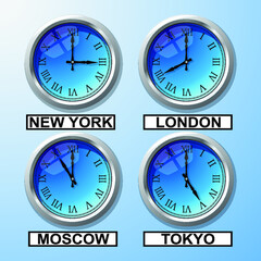 World time - four clocks with city names