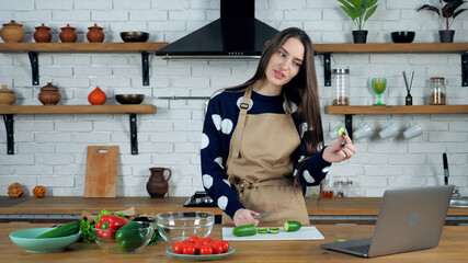 Woman housewife in apron sliced cucumber show chef teacher ingredient to webcam tells study online...