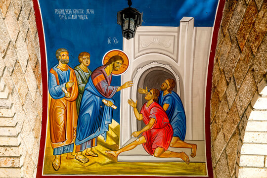 Saint Naum monastery complex, Sveti Naum, Republic of Macedonia. St Paraskeva church fresco depicting Jesus curing a paralytic.  10.09.2019