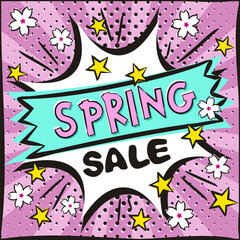 Bright lilac banner for discounts or spring sales in popart style. Cartoon Explosion, stars, Sakura flowers. Template for web design, banners, coupons, applications and posters. Vector illustration.