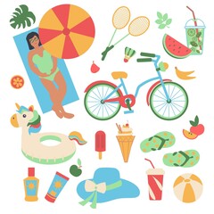 Set of summer items isolated on white background Flat vector illustration