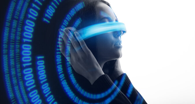 Double exposure of woman and futuristic holographic interface to display data. Female using VR helmet. Augmented reality, future technology, game concept. White background.