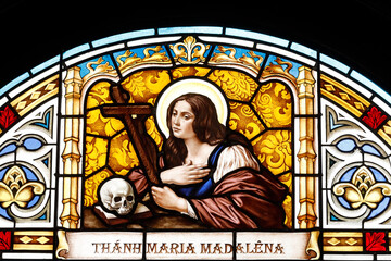 Obraz na płótnie Canvas The Penitent Magdalene. Stained glass window. Thi Nghe Church. Ho Chi Minh City. Vietnam. 25.02.2017