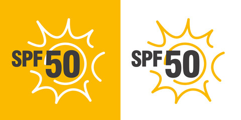 SPF 50 UV sun protection vector sticker label logo icon isolated on white and yellow background