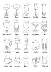 Collection set of hand-drawn doodle cartoon style vector icon illustrations. Various alcohol cocktail glasses high ball martini margarita old fashioned shot. For card, A4 poster or bar menu recipe.