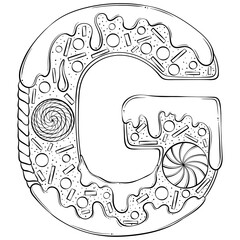 Letter G. Gingerbread Cookies in the form of letters. Cartoon vector font made in hand drawn line art style isolated on white background. Lettering logo template. Coloring book design.