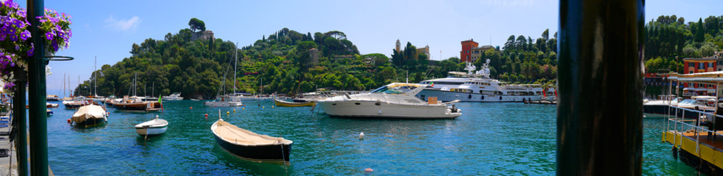 Panorama of the harbour in Portofino Italy.It is an Italian fishing village and vacation resort famous for its picturesque harbour and historical association with celebrity visitors