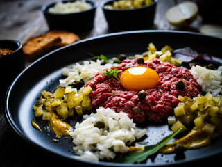 Beef tartare steak with onion, capers and pickled cucumbers on wooden table