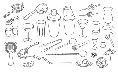 Collection set of hand-drawn doodle cartoon style vector icon illustrations. Various bar cocktail tool accessories instruments such as shaker glasses strainers jiggers. For bar menu website design.