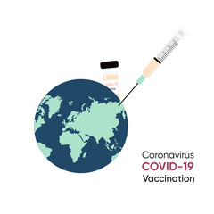 Earth is being vaccinated. Vector illustration concept of virus vaccination, vaccine, and cure for disease. Coronavirus treatment, immunuzation, prevention