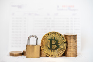 Business , Money, Technology, Security and  cryptocurrency Concept. Close up of gold bitcoin coins...