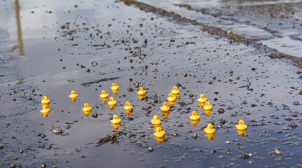 Yellow rubber ducks swim in a muddy puddle on the road