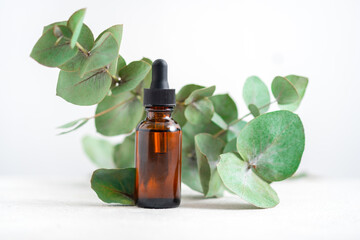 mockup Essential oil or serum cosmetics with eucalyptus branches on textured white background with copy space top view. Brown glass cosmetic bottle.