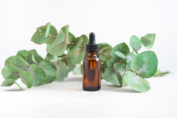 mockup glass bottle Essential oil or serum cosmetics with eucalyptus branches on textured white background with copy space top view. Brown glass cosmetic bottle.