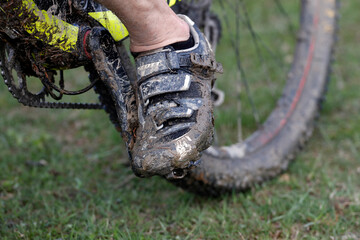 Naklejka premium Mountain bike race in the french Alps. Close-up. Cyclist. France. 07.06.2018