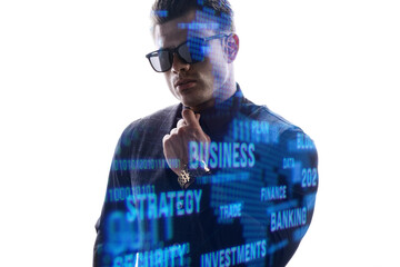 Double exposure portrait of guy on white background. Man in classic suit. Cryptocurrency, finance, business, innovative ideas concept. Futuristic holographic interface to display data.