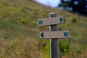 Trekking path signs in Saint-Gervais. France.  07.06.2018
