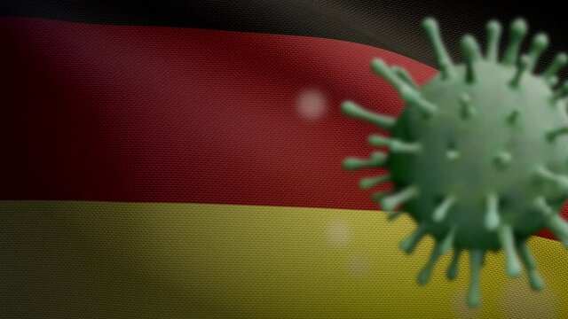 3D illustration German flag waving with Coronavirus outbreak infecting respiratory system as dangerous flu. Influenza Covid 19 virus with national Germany banner blowing background.-Dan