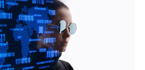 Double exposure portrait of female on white background. Woman in profile. Cryptocurrency, finance, business, innovative ideas concept. Futuristic holographic interface to display data.