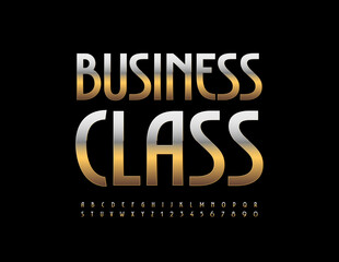 Vector premium logo Business Class with Elegant Alphabet Letters and Numbers set. Metallic Gold Font