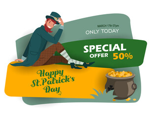 St. Patrick 's Day discount and sale sticker with Irish fantastic character Leprechaun. Special offer banner Vector design