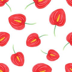 Seamless pattern with red watercolor anthurium flowers.