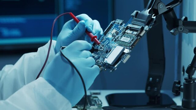 Microelectronics engineer works in a modern scientific laboratory on computing systems and microprocessors. Electronic factory worker is testing the motherboard and coding the firmware.