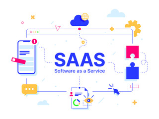 SaaS - Software as a service. Code line of programming internet application. Cloud software on computers with program code on the screen, infographic elements icon, app, virtual screens on white