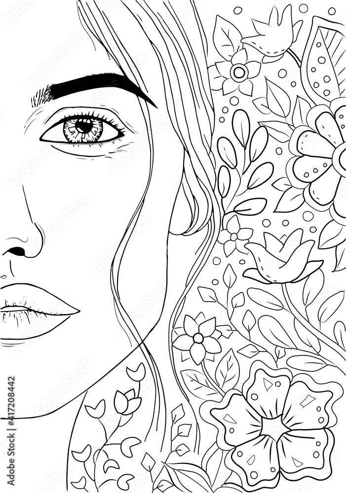 Wall mural Hand drawing coloring for kids and adults. Beautiful drawings with patterns and small details. Coloring picture with beautiful girl face, flowers and tropical leaves. Vector