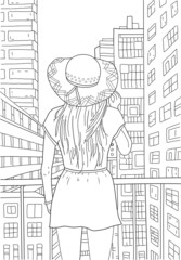 Hand drawing coloring for kids and adults. Coloring book picture with beautiful girl, city buildings, street. Beautiful drawings with patterns and small details. Vector