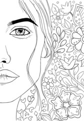 Hand drawing coloring for kids and adults. Beautiful drawings with patterns and small details. Coloring picture with beautiful girl face, flowers and tropical leaves. Vector