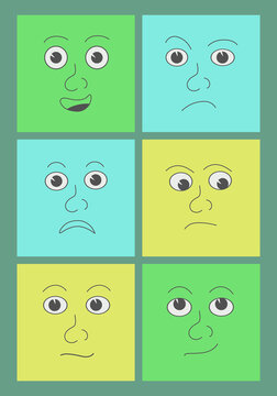 Comic Faces, Emoji with various Emotions on Squares background. Different colored characters. Cartoon style. Flat design. Hand drawn trendy Vector illustrations. Every face is isolated. Icons.