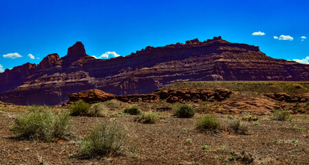 Layered geological formations of red rocks in Canyonlands National Park is in Utah near Moab.