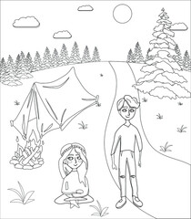 Coloring page for kids and adults with patterns and small details. Camping illustration. Nature, children, tent and fire. Outdoor recreation, isolation. Traveling