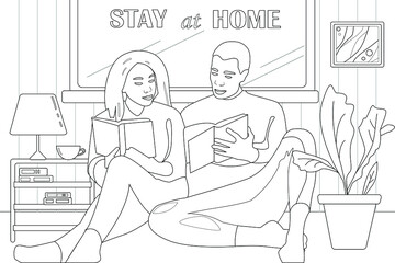 Coloring page for kids and adults with patterns and small details. Quarantine, stay at home concept illustration. people sitting at their home, room or apartment. Loving Couple enjoying reading