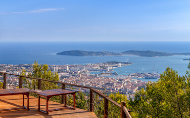 Naklejka premium View of Toulon city and coastline from observation deck on the Faron mountain. Toulon, France.